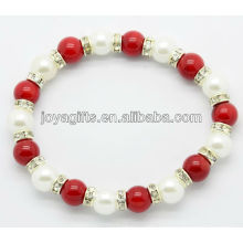 Red coral and fresh water pearl with diamond alloy bracelet